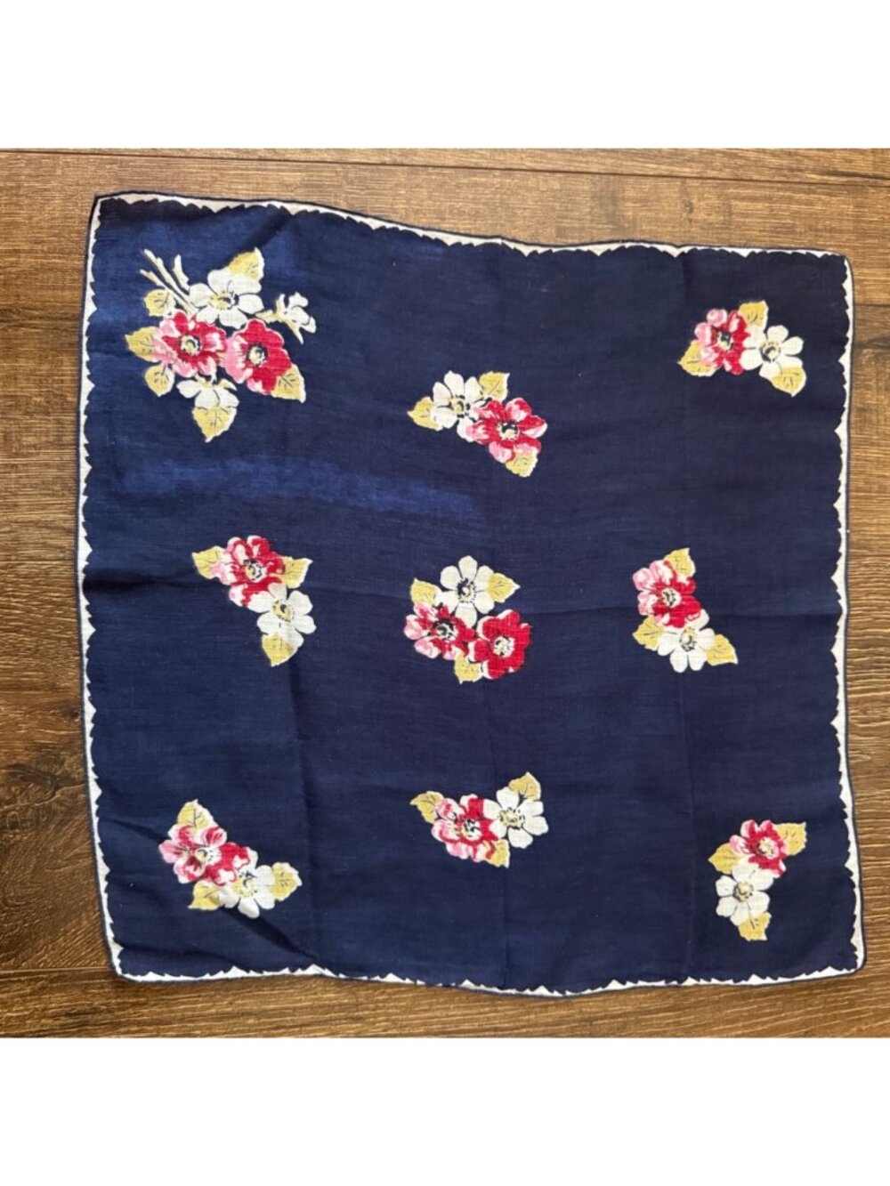 Vintage Handkerchief Dark Blue Cotton with Pink & Red Flowers - Picture 3 of 3